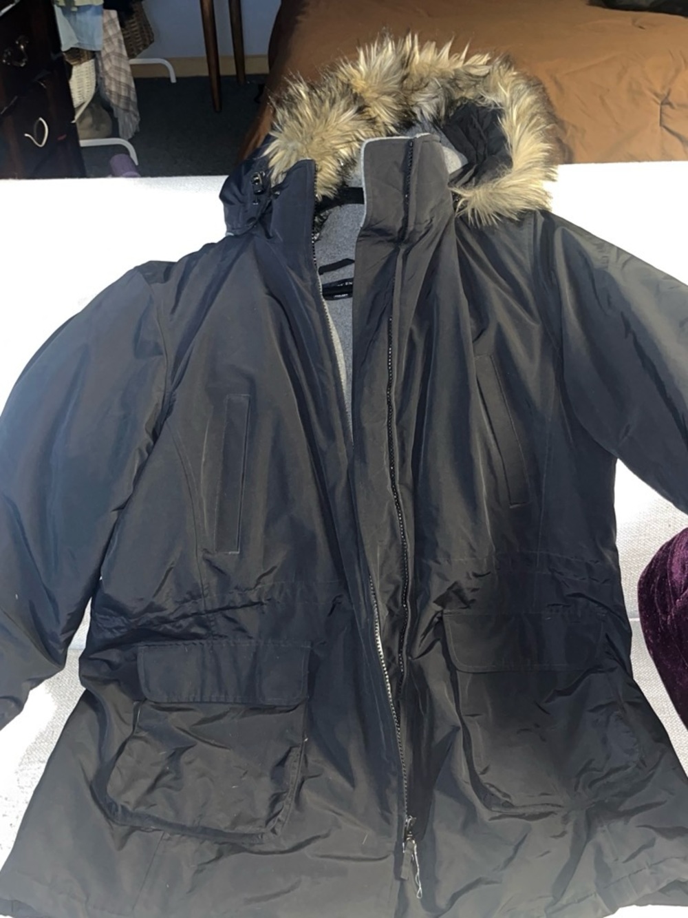 Lands' End Black Hooded Puffer Coat with Faux-Fur Trim
